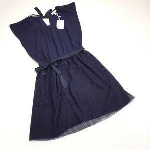 NWT Lauren Conrad Sheer Pleat Neck Dress Navy